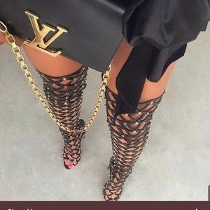 NWT Liliana Black Caged Thigh-highStiletto Boots 6